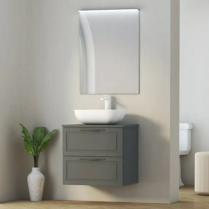 Artysan Encimera para lavabo Toja - 45,7 x 61 x 1,6 cm, Antracita - Mueble de baño gris con lavabo sobre encimera blanco combinado con un espejo iluminado, ofreciendo una solución elegante.