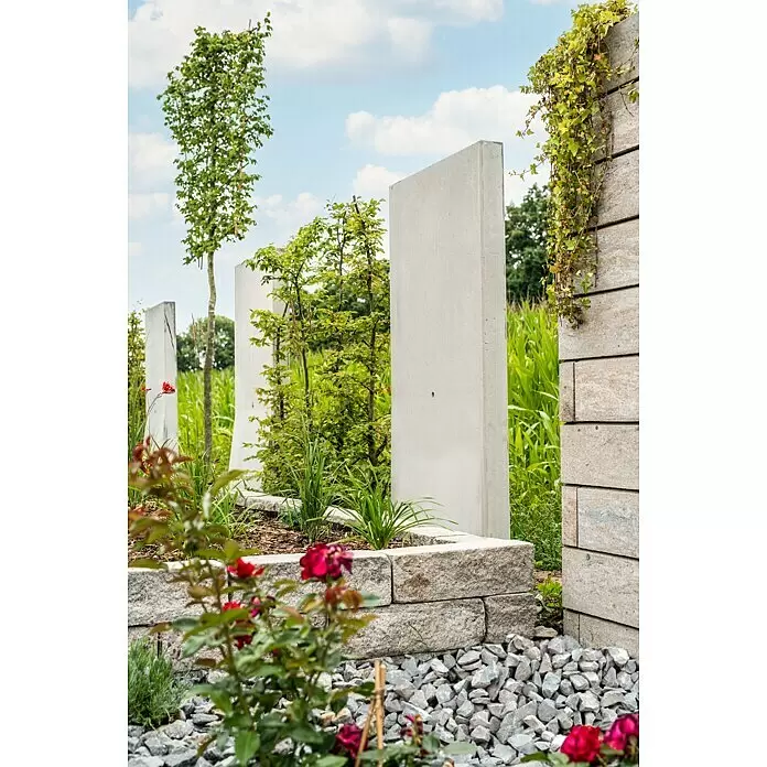 Diephaus L-Stein - 205 cm, 100 cm, Stärke: 12 cm, Grau - Hohe hellgraue Beton-Sichtschutzwände und niedrige Steinblock-Hochbeete mit Pflanzen, die einen Gartenraum definieren.