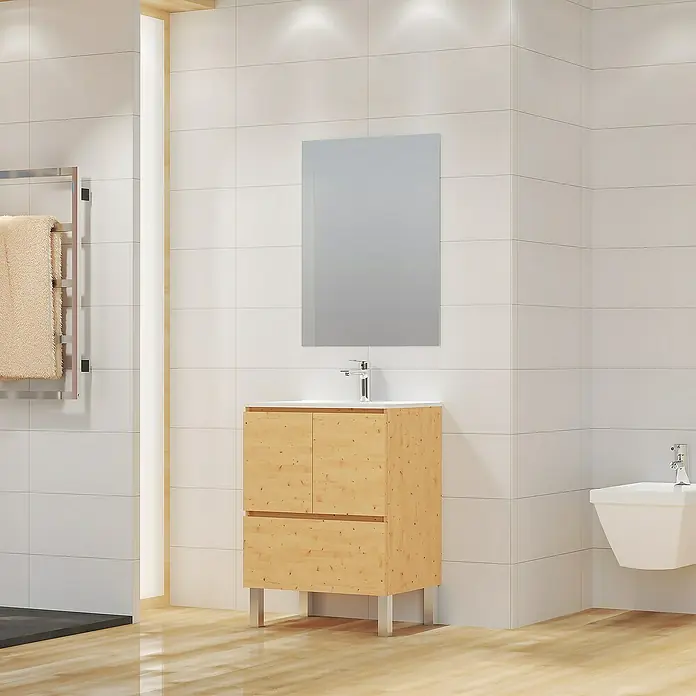 Artysan Mueble bajo de lavabo Pine - L x An x Al: 44,6 x 60 x 82 cm, Pino - Un mueble de lavabo de madera clara con un espejo a juego encima en un baño de estilo moderno.