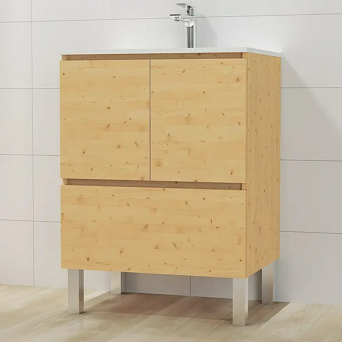 Artysan Mueble bajo de lavabo Pine - L x An x Al: 44,6 x 60 x 82 cm, Pino - Esta imagen muestra un mueble de lavabo de madera clara con dos puertas y un cajón, sobre elegantes patas plateadas.