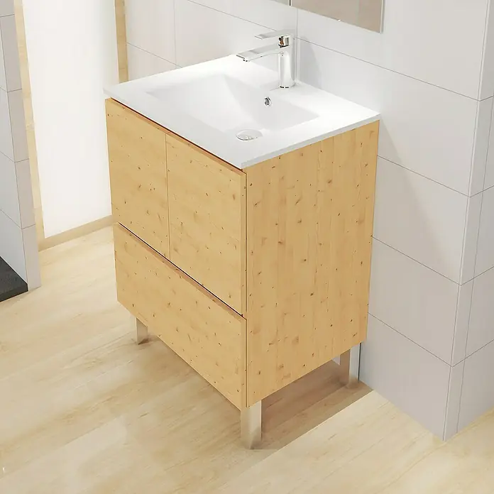 Artysan Mueble bajo de lavabo Pine - L x An x Al: 44,6 x 60 x 82 cm, Pino - Mueble de baño de madera con lavabo sobre encimera blanco y patas plateadas, ideal para baños modernos. La combinación de madera y blanco es fresca.