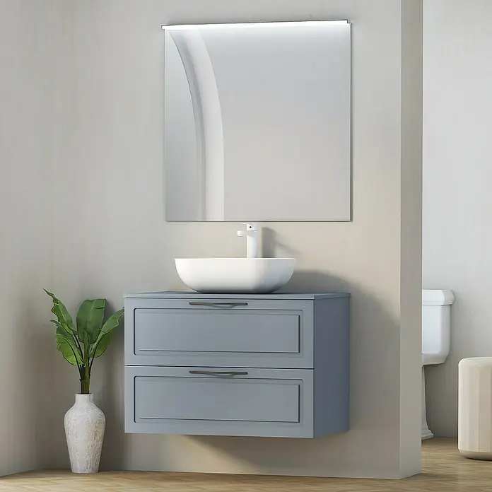 Artysan Mueble bajo de lavabo Toja - An x Pr x Al: 80 x 45 x 54,5 cm, Azul - Moderno mueble de baño con elegante armario gris, lavabo de encimera redondo y espejo minimalista encima.