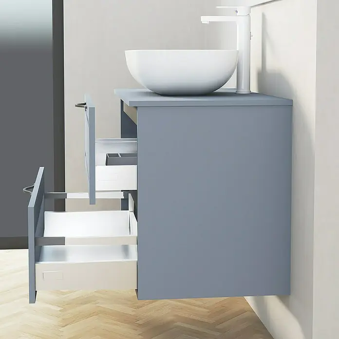 Artysan Mueble bajo de lavabo Toja - An x Pr x Al: 80 x 45 x 54,5 cm, Azul - Mueble de lavabo azul con dos cajones abiertos y un lavabo sobre encimera blanco y grifo.