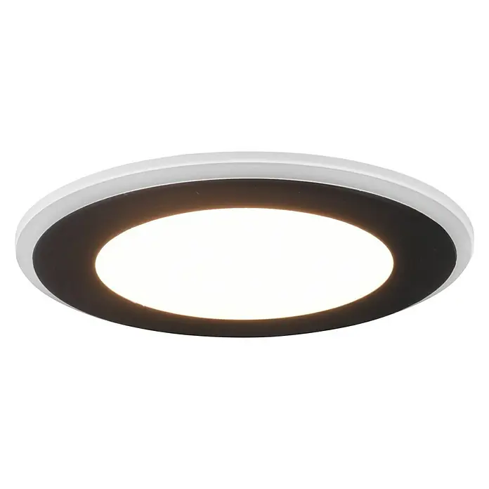 Trio Leuchten LED-Einbauleuchte rund Aura - 10 W, Ø x H: 14 x 3 cm, Schwarz - Nahaufnahme einer runden LED-Deckenleuchte mit weißem Rand und schwarzem Akzent, die ein helles, warmes Licht ausstrahlt.