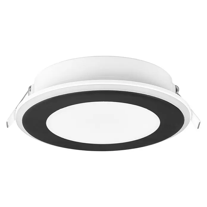 Trio Leuchten LED-Einbauleuchte rund Aura - 10 W, Ø x H: 14 x 3 cm, Schwarz - Nahaufnahme einer modernen runden LED-Deckenleuchte mit schwarzem Ring auf schwarzem Hintergrund.