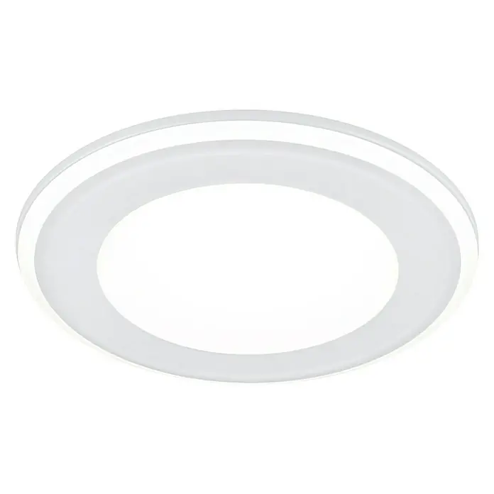 Trio Leuchten LED-Einbauleuchte rund Aura - 10 W, Ø x H: 14 x 3 cm, Weiß - Nahaufnahme einer runden, weißen LED-Deckenleuchte mit einem schlichten und modernen Design vor einem schwarzen Hintergrund.