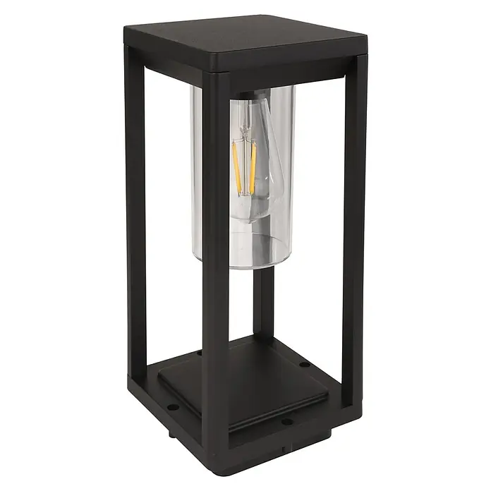 Globo Außenleuchte Candela - 15 W, Farbe Gehäuse: Anthrazit, Ohne Leuchtmittel, Höhe: 35 cm - Elegante schwarze Außenleuchte mit klarem Glaszylinder und dekorativer Glühbirne, die ein warmes Licht für Garten oder Terrasse spendet.