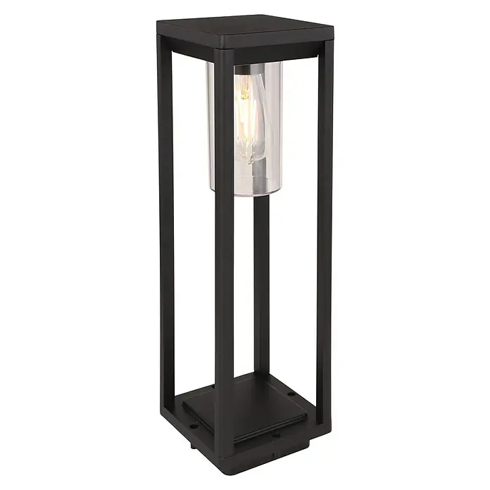 Globo Außenleuchte Candela - Netzbetrieben, 15 W, Farbe Gehäuse: Schwarz, Ohne Leuchtmittel, Höhe: 50 cm - Elegante schwarze Außenleuchte mit klarem Glaszylinder und warm leuchtender Glühbirne für eine stimmungsvolle Beleuchtung.