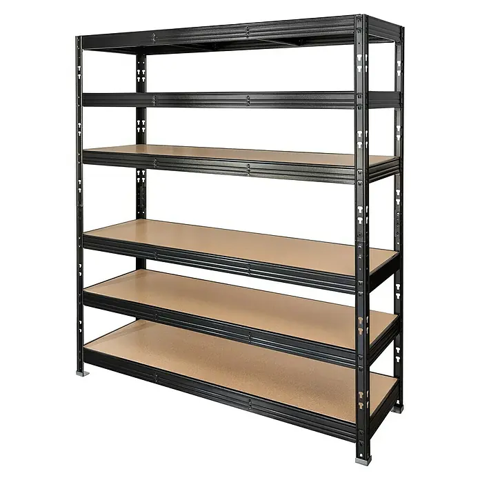 Schwerlastregal - H x B x T: 180 x 160 x 50 cm, Traglast pro Boden: 300 kg, Anzahl Böden: 6 Stk., Stecken, Schwarz - Schwarzes Regal mit fünf Ebenen und robustem Metallrahmen. Ideal für Lagerung in Garage, Keller oder Werkstatt.