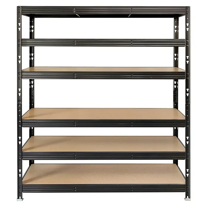 Schwerlastregal - H x B x T: 180 x 160 x 50 cm, Traglast pro Boden: 300 kg, Anzahl Böden: 6 Stk., Stecken, Schwarz - Ein Regal mit fünf Ebenen, bestehend aus einem schwarzen Metallrahmen und hellbraunen Regalböden. Ideal für Lagerung und Organisation.