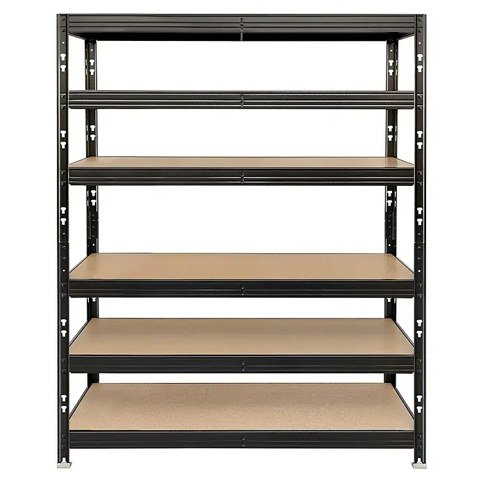 Schwerlastregal - H x B x T: 180 x 120 x 50 cm, Traglast pro Boden: 300 kg, Anzahl Böden: 6 Stk., Stecken, Schwarz - Metallregal mit fünf Regalböden. Das robuste Regal in dunkler Farbe bietet viel Stauraum für Lager und Keller.