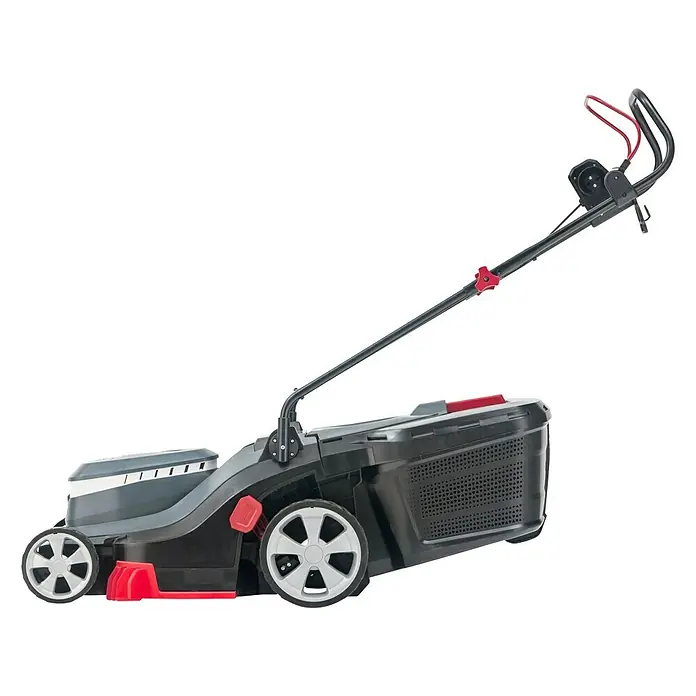 AL-KO Easy Elektro-Rasenmäher - 1.600 W, Schnittbreite: 38 cm - Bild einer schwarzen und grauen Schubkarre mit roter Akzentuierung.