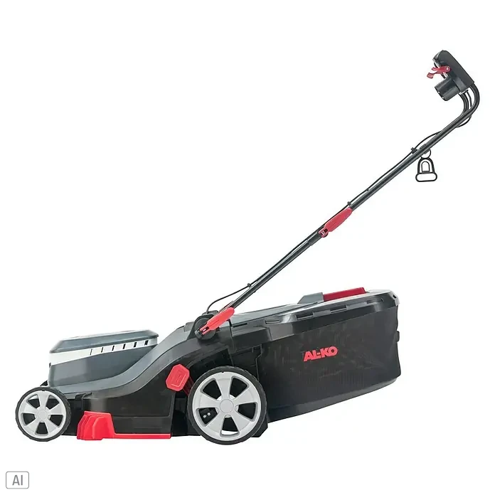 AL-KO Comfort Elektro-Rasenmäher - 1.600 W, Schnittbreite: 38 cm - Das Bild zeigt einen AL-KO Rasenmäher in Schwarz und Rot. Der Rasenmäher hat einen Fangkorb und einen verstellbaren Griff für eine bequeme Nutzung.