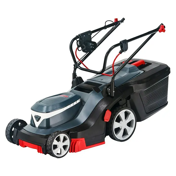 AL-KO Easy Elektro-Rasenmäher - 1.600 W, Schnittbreite: 38 cm - Eine kabellose Rasenmäher-Einheit in Schwarz mit roten Akzenten für den Rasen.