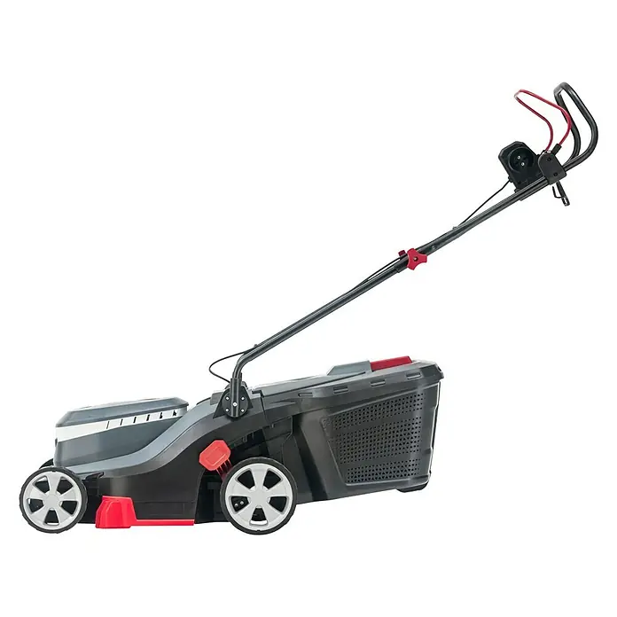 AL-KO Easy Elektro-Rasenmäher - 1.200 W, Schnittbreite: 32 cm - Abgebildet ist ein Rasenmäher in Grau und Schwarz mit roten Akzenten. Das Gerät verfügt über einen Fangkorb und einen verstellbaren Griff.