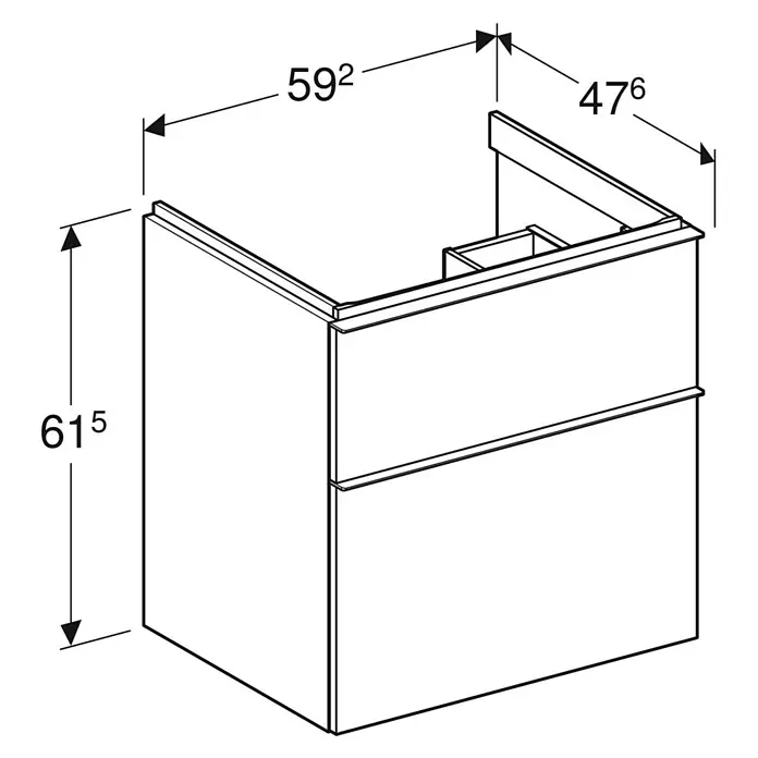 Geberit iCon Waschtischunterschrank - 59,2 x 47,6 x 61,5 cm, Weiß - Abbildung eines Badezimmerwaschtisches mit den Maßen 615x592x476.