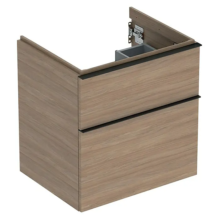 Geberit iCon Waschtischunterschrank - 59,2 x 47,6 x 61,5 cm, Eiche - Bild eines Badezimmerunterschranks mit zwei Schubladen und Griffen. Das Möbelstück hat eine Holzstruktur und ist in modernem Design gehalten.