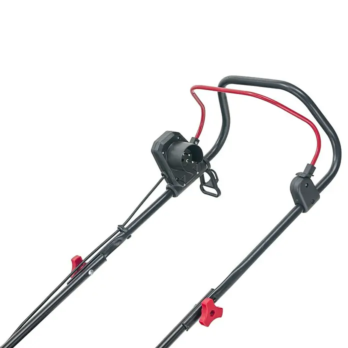 AL-KO Easy Elektro-Rasenmäher - 1.600 W, Schnittbreite: 38 cm - Nahaufnahme der Bedienelemente eines Rasenmähers, die eine schwarze Halterung und einen roten Kabelzug zeigen.
