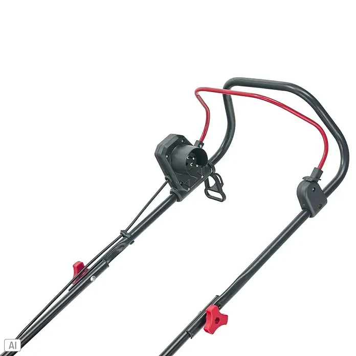 AL-KO Easy Elektro-Rasenmäher - 1.600 W, Schnittbreite: 38 cm - Nahaufnahme der Bedienelemente eines Rasenmähers, die eine schwarze Halterung und einen roten Kabelzug zeigen.