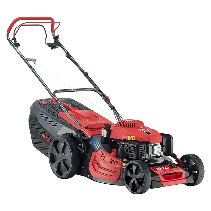 AL-KO Premium Benzin-Rasenmäher 521 SP-A - 2,6 kW, 166 cm³, Schnittbreite: 51 cm - Abbildung eines roten AL-KO Benzin-Rasenmähers mit Fangkorb, ideal für effizientes Rasenmähen im Garten.