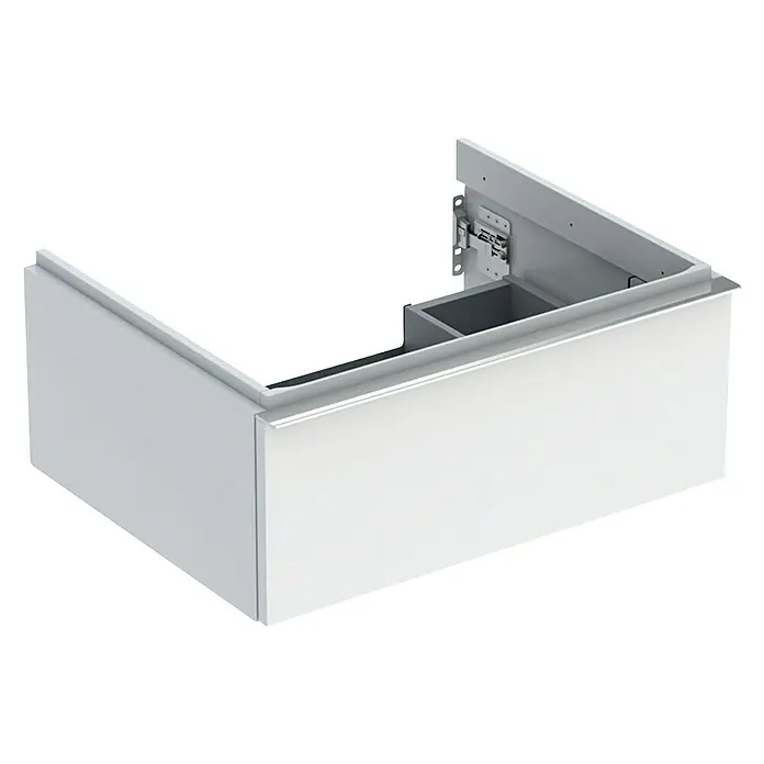 Geberit iCon Waschtischunterschrank59,2 x 47,6 x 24,7 cm, Weiß - Abbildung eines modernen, weißen Unterschranks für das Badezimmer mit offenem Innenleben und Metallbeschlägen.
