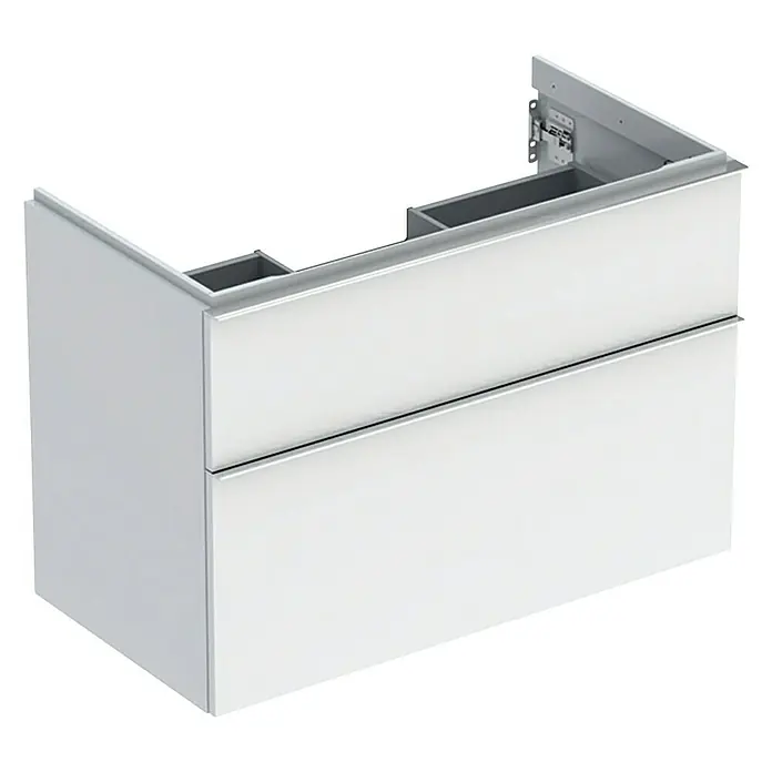 Geberit iCon Waschtischunterschrank88,8 x 47,6 x 61,5 cm, Weiß - Eine moderne, schwebende Badezimmerkommode in Weiß mit zwei Schubladen und minimalistischen Designelementen.