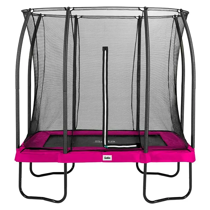 Salta Trampolin Comfort Edition - Pink, L x B: 153 x 214 cm - Ein rechteckiges Salta-Trampolin mit Sicherheitsnetz und einem pinkfarbenen Rahmen, ideal für Spaß im Freien und sicheres Hüpfen.