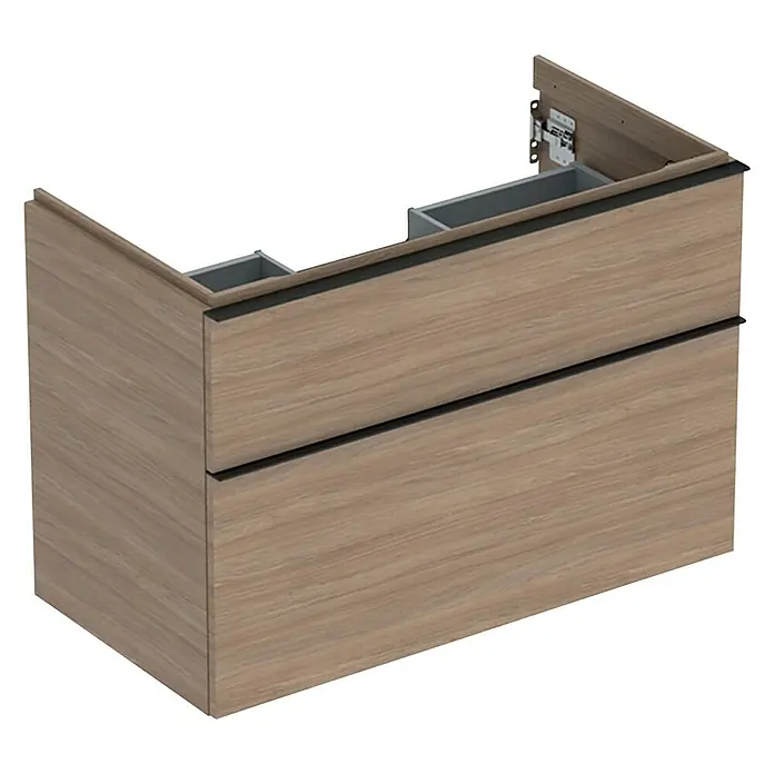 Geberit iCon Waschtischunterschrank88,8 x 47,6 x 61,5 cm, Lava - Holzfarbener Waschtischunterschrank mit zwei Schubladen und schwarzem Griff für das Badezimmer. Zeitloses Design für Ihr Bad.
