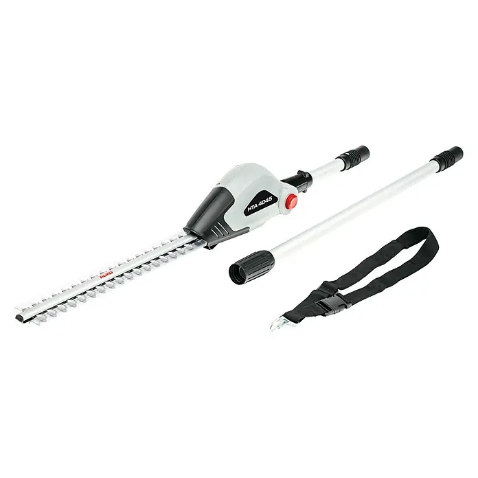 AL-KO 36V Heckenscheren-Aufsatz HTA 4045 - Schnittbreite: 20 cm, Schwertlänge: 45 cm - Das Bild zeigt eine Heckenschere HTA 4045 von AL-KO, ein nützliches Gartengerät zum Schneiden von Hecken mit Teleskopstiel und Tragegurt.