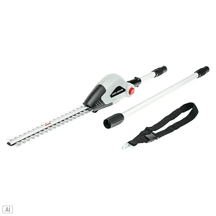 AL-KO 36V Heckenscheren-Aufsatz HTA 4045 - Schnittbreite: 20 cm, Schwertlänge: 45 cm - Das Bild zeigt eine Heckenschere HTA 4045 von AL-KO, ein nützliches Gartengerät zum Schneiden von Hecken mit Teleskopstiel und Tragegurt.
