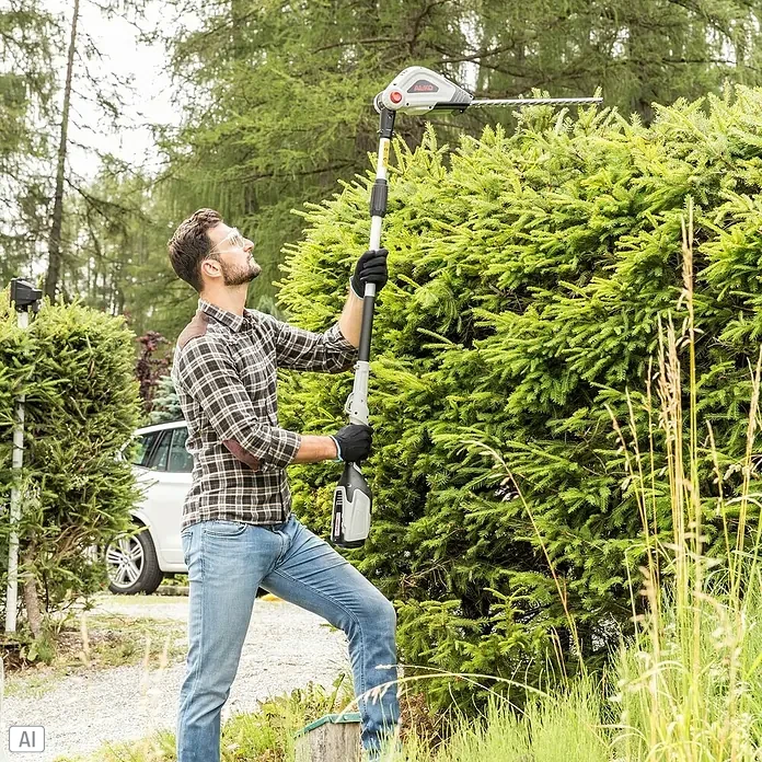 AL-KO 36V Heckenscheren-Aufsatz HTA 4045 - Schnittbreite: 20 cm, Schwertlänge: 45 cm - Ein Mann benutzt eine AL-KO Hochentaster, um eine hohe Hecke zu schneiden. Er trägt Schutzkleidung und arbeitet im Garten.