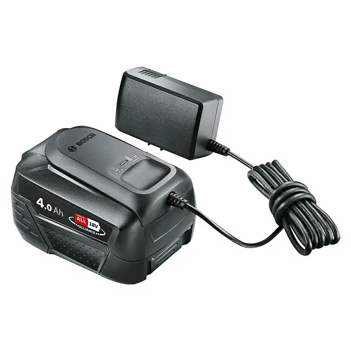 Bosch Power for All 18V Batería y cargador - 18 V, 1 batería, 4 Ah - Batería Bosch 4.0 Ah con cargador. La batería es negra y tiene una capacidad de 4.0 amperios hora. El cargador también es negro.