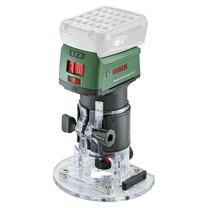 Bosch Power for All 18V Fresadora combinada de batería AdvancedTrimRouter 18V-8 - 18 V, Sin batería, Número de revoluciones de marcha en vacío: 10.000 r.p.m. - 30.000 r.p.m. - La fresadora inalámbrica Bosch AdvancedTrimRouter 18V-8, una herramienta compacta para el trabajo de la madera de precisión y el acabado de bordes.