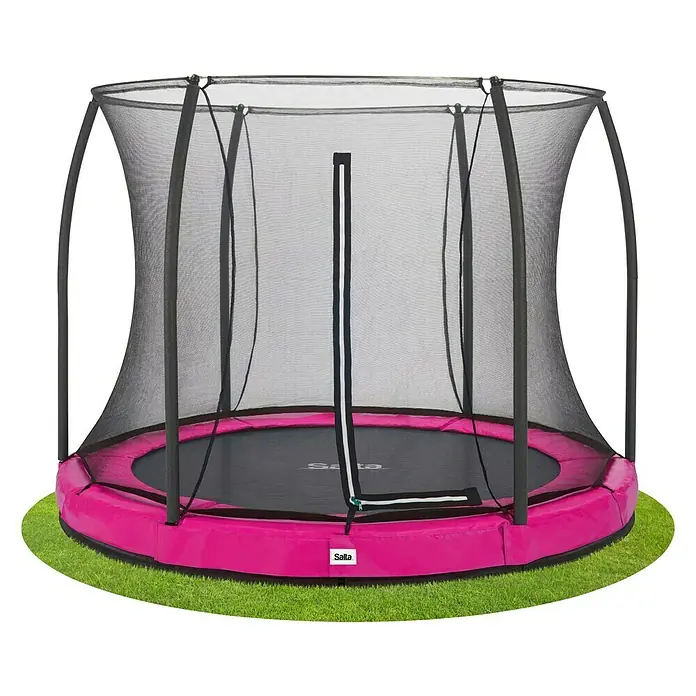 Salta Trampolin Comfort Edition Ground - Durchmesser: 213 cm, Pink - Ein pinkes Salta-Trampolin mit Sicherheitsnetz auf einer Rasenfläche. Ideal für Kinder zum Spielen und Spaß haben im Garten.