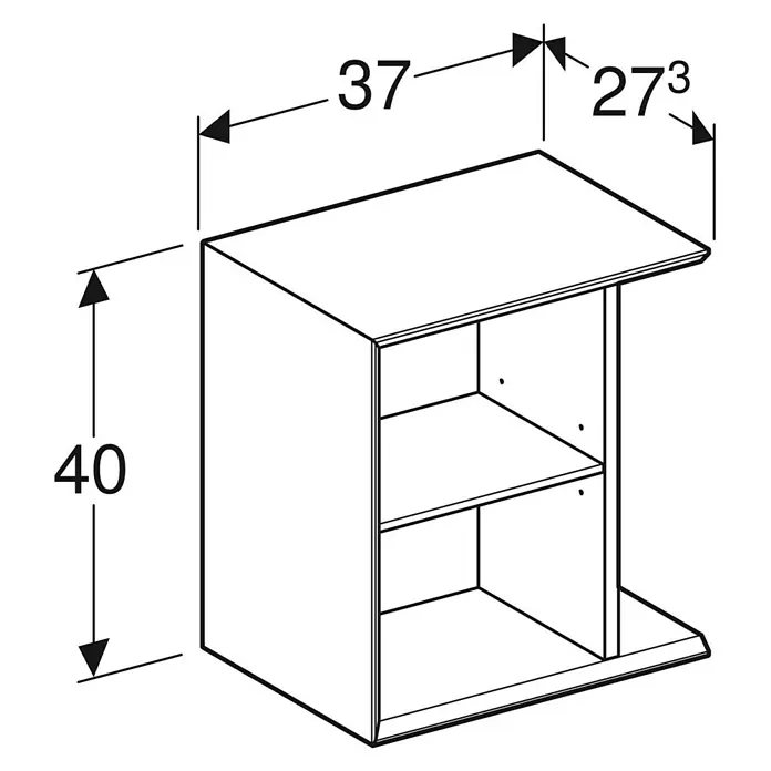 Geberit iCon Seitenschrank - 37 x 27,3 x 40 cm, Eiche - Eine schematische Darstellung eines Nachttisches mit zwei Regalen und Maßangaben: Höhe 40, Breite 37, Tiefe 27.