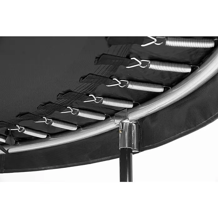 Salta Trampolin Comfort Edition - Durchmesser: 396 cm, Schwarz - Detailansicht eines Trampolins, das Federn, Rahmen und Bein zeigt. Ideal für Aktivität und Spaß im Freien.