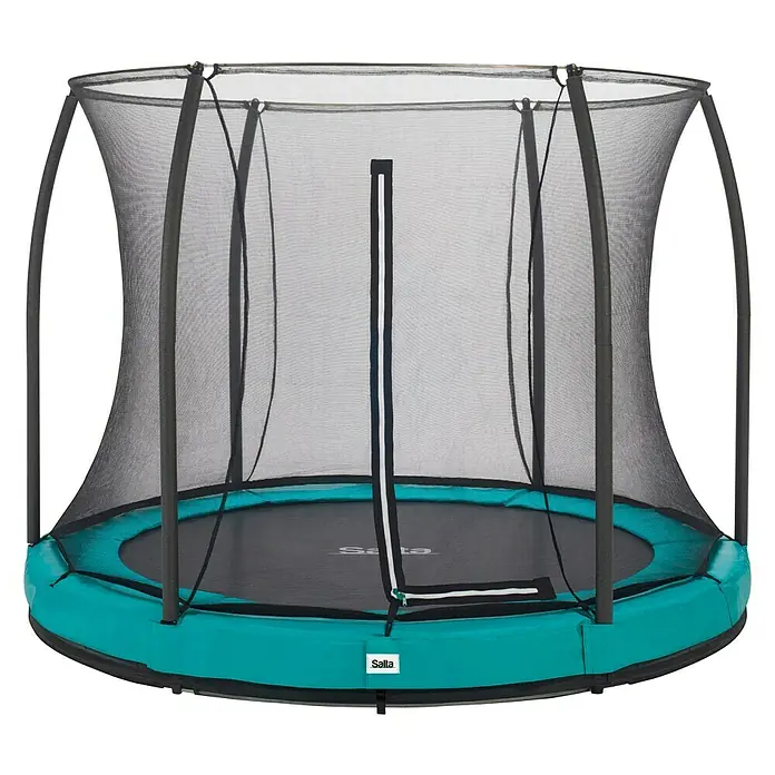 Salta Trampolin Comfort Edition Ground - Durchmesser: 183 cm, Grün - Ein Salta-Trampolin mit Sicherheitsnetz, das für sicheres Springen und Spielen im Freien konzipiert ist. Die Farbkombination aus Türkis und Schwarz ist modern.
