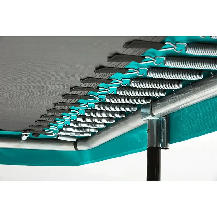 Salta Trampolin Comfort Edition - Grün, L x B: 244 x 366 cm - Nahaufnahme der Federn und des Rahmens eines Trampolins, die die Konstruktion und das Design des Trampolins hervorheben.
