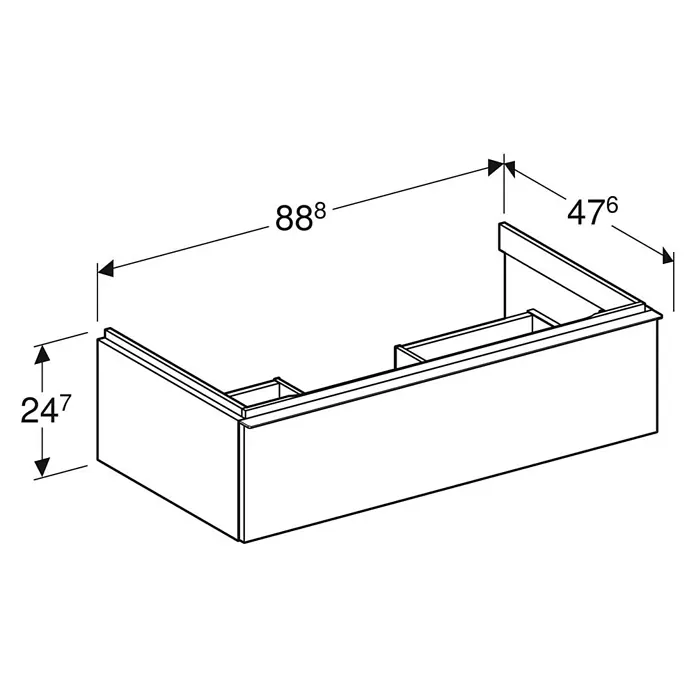 Geberit iCon Waschtischunterschrank - 88,8 x 47,6 x 24,7 cm, Eiche - Ansicht eines Waschtischunterschranks mit den Maßen 888, 476 und 247. Der Schrank ist in schlichtem Weiß gehalten.