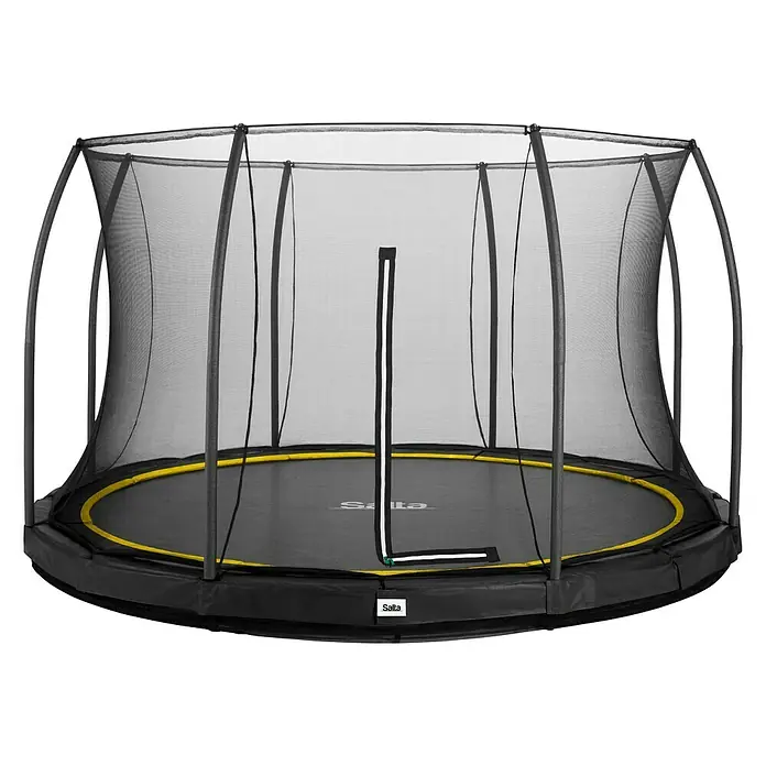 Salta Trampolin Comfort Edition Ground - Durchmesser: 396 cm, Schwarz - Trampolin mit Sicherheitsnetz und gelbem Rand. Das Trampolin ist rund und hat ein schwarzes Sprungtuch. Ideal für Spaß im Garten!
