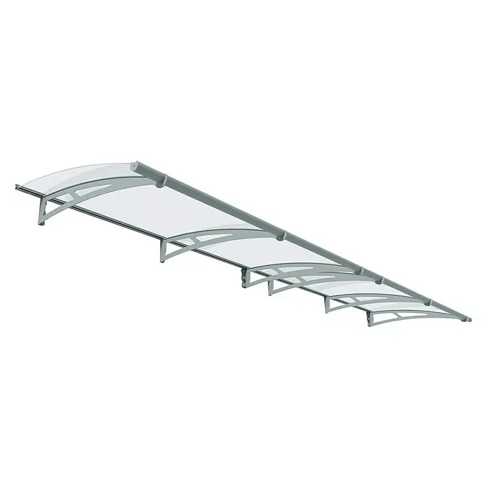 Palram – Canopia Pultvordach Aquila - 412 x 91,5 x 17,5 cm, Hellgrau, Farbe Dach: Klar - Diese Abbildung zeigt ein Vordach mit einer grauen Stange und einer weißen Überdachung. Es ist eine moderne und funktionale Ergänzung für jeden Eingangsbereich.