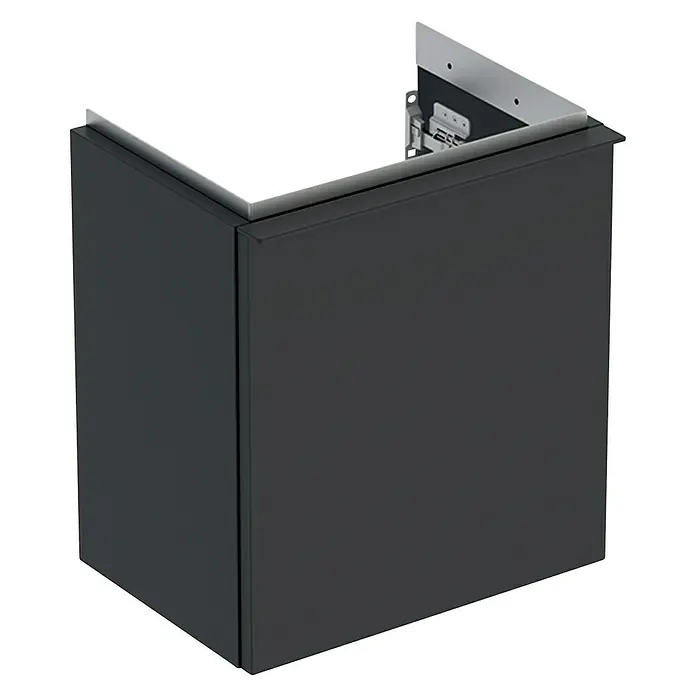 Geberit iCon Waschtischunterschrank - 37 x 27,9 x 41,5 cm, Lava - Ein dunkler Badschrank mit einer schmalen silbernen Leiste oben und metallenen Beschlägen zur Wandbefestigung. Praktisch und stilvoll.