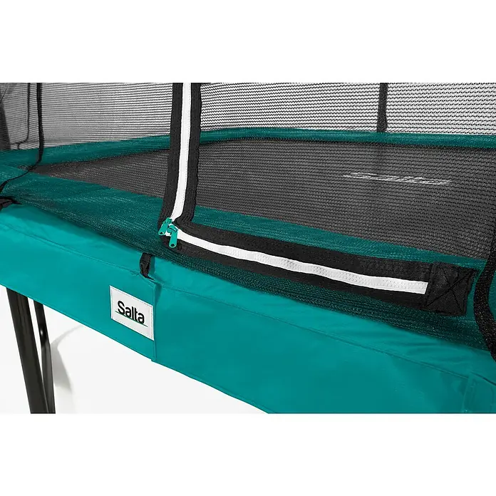 Salta Trampolin Comfort Edition - Grün, L x B: 244 x 366 cm - Detailaufnahme eines Salta-Trampolins mit Sicherheitsnetz und türkisfarbenem Schutzrand.