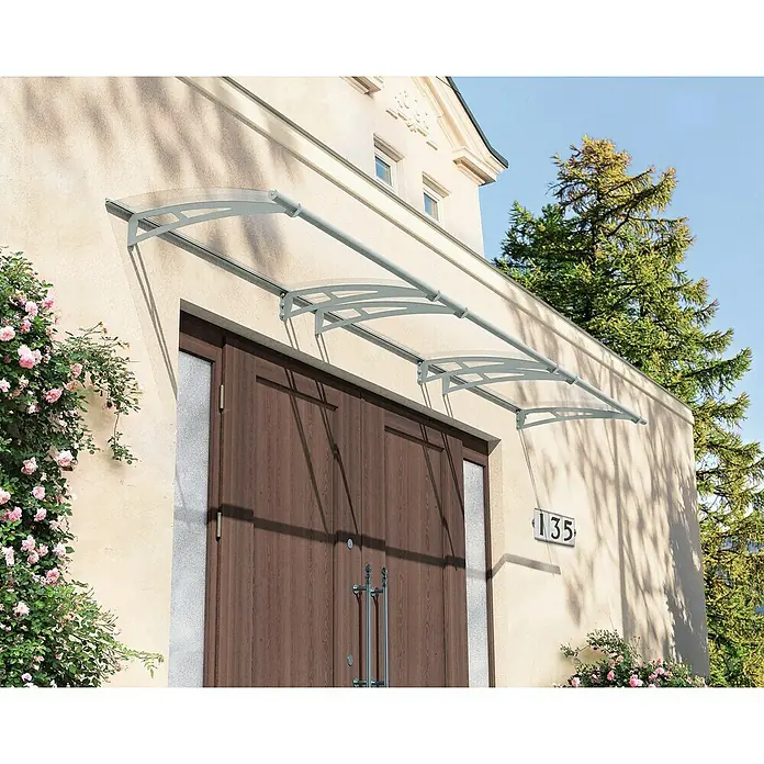 Palram – Canopia Pultvordach Aquila - 453,5 x 91,5 x 17,5 cm, Hellgrau, Farbe Dach: Klar - Moderne Haustürvordächer mit durchsichtigem Acrylglas schützen stilvoll vor Wind und Wetter und werten das Haus optisch auf.