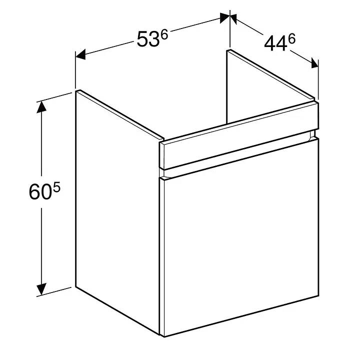 Geberit Renova Plan Waschtischunterschrank - 53,6 x 44,6 x 60,6 cm, Lava - Abbildung eines Waschbeckenunterschranks mit Maßangaben (Höhe 605, Breite 536 und Tiefe 446).