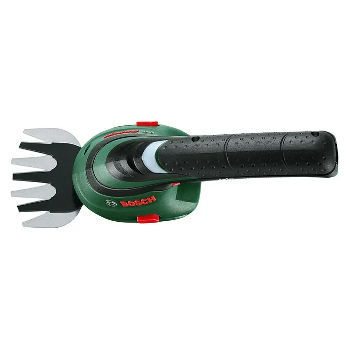 Bosch Akku-Grasschere Set Isio mit Teleskopstiel - 3,6 V, 1 Akku, Schwertbreite: 8 cm - Akkubetriebene Strauchschere von Bosch mit silbernen Klingen und einem schwarzen, strukturierten Griff vor einem schwarzen Hintergrund.