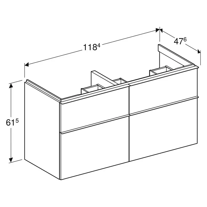 Geberit iCon Waschtischunterschrank - 118,4 x 47,6 x 61,5 cm, Weiß - Darstellung eines Waschtischunterschranks mit Schubladen und Maßangaben für eine detaillierte Produktansicht.