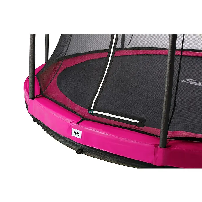 Salta Trampolin Comfort Edition Ground - Durchmesser: 213 cm, Pink - Nahaufnahme eines pinkfarbenen Salta-Gartentrampolins mit Sicherheitsnetz und gepolstertem Rahmen, ideal für sicheren Springspaß im Freien.