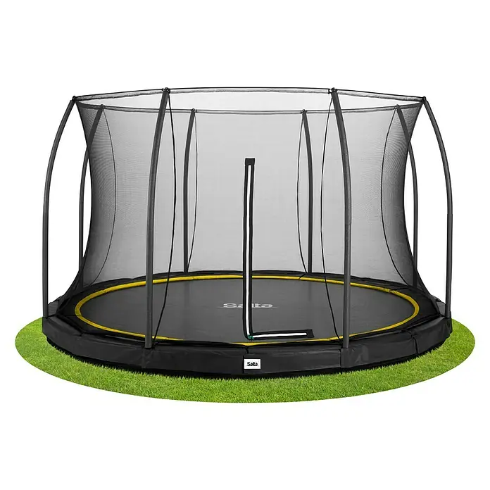 Salta Trampolin Comfort Edition Ground - Durchmesser: 396 cm, Schwarz - Abbildung eines Salta-Gartentrampolins mit Sicherheitsnetz auf Rasen. Das Trampolin ist schwarz mit gelben Akzenten.