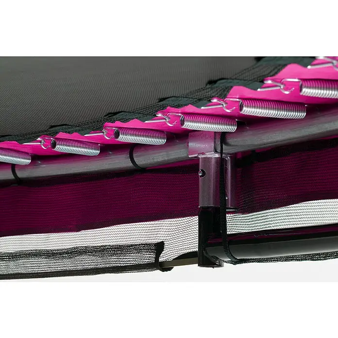 Salta Trampolin Comfort Edition Ground - Durchmesser: 213 cm, Pink - Detailaufnahme eines Trampolins mit Federn, Rahmen und Sicherheitsnetz in Rosa und Schwarz.